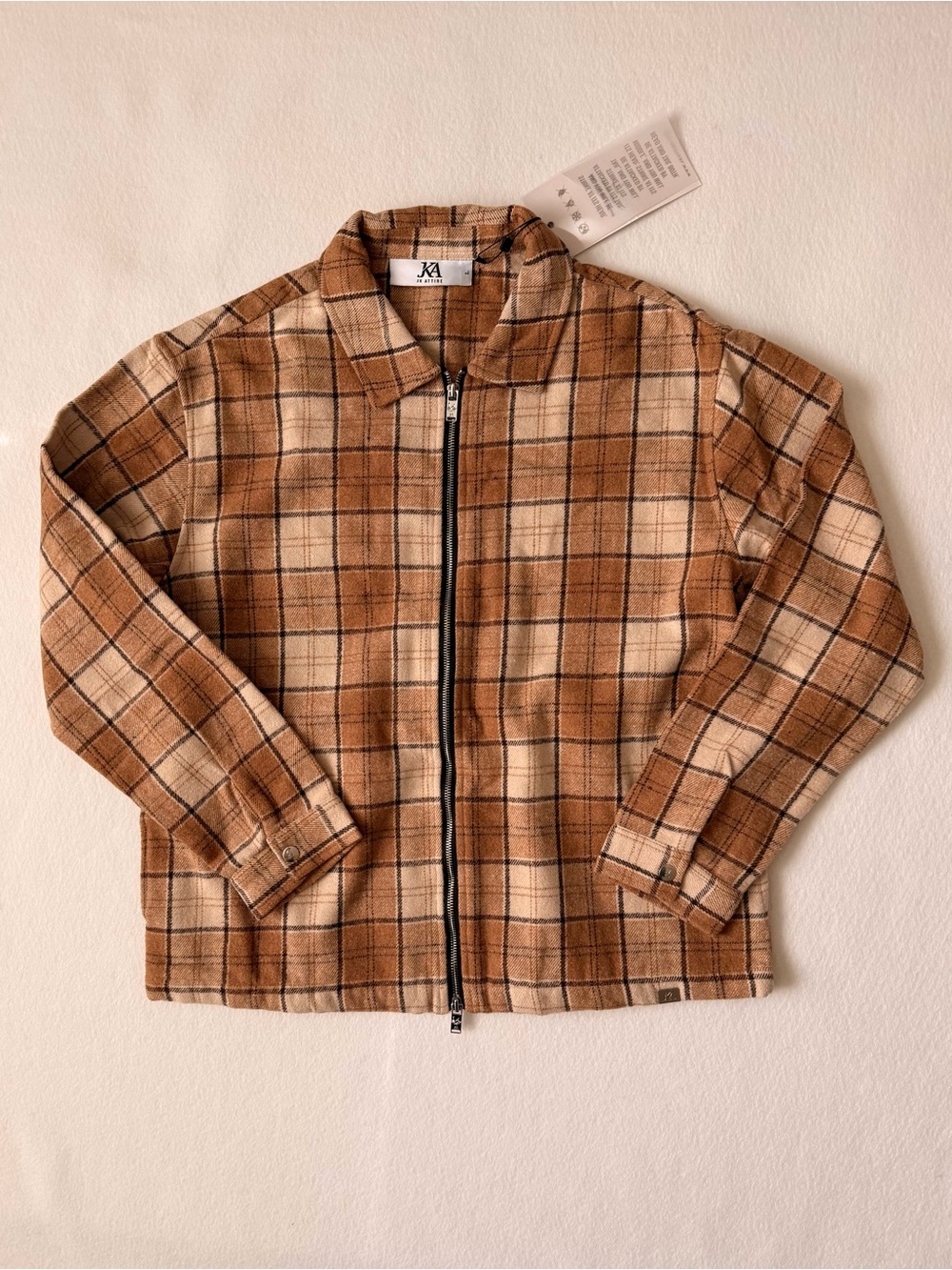 JK Attire Boxy Fit Plaid Flannel Zip Shirt Stone Size L NWT